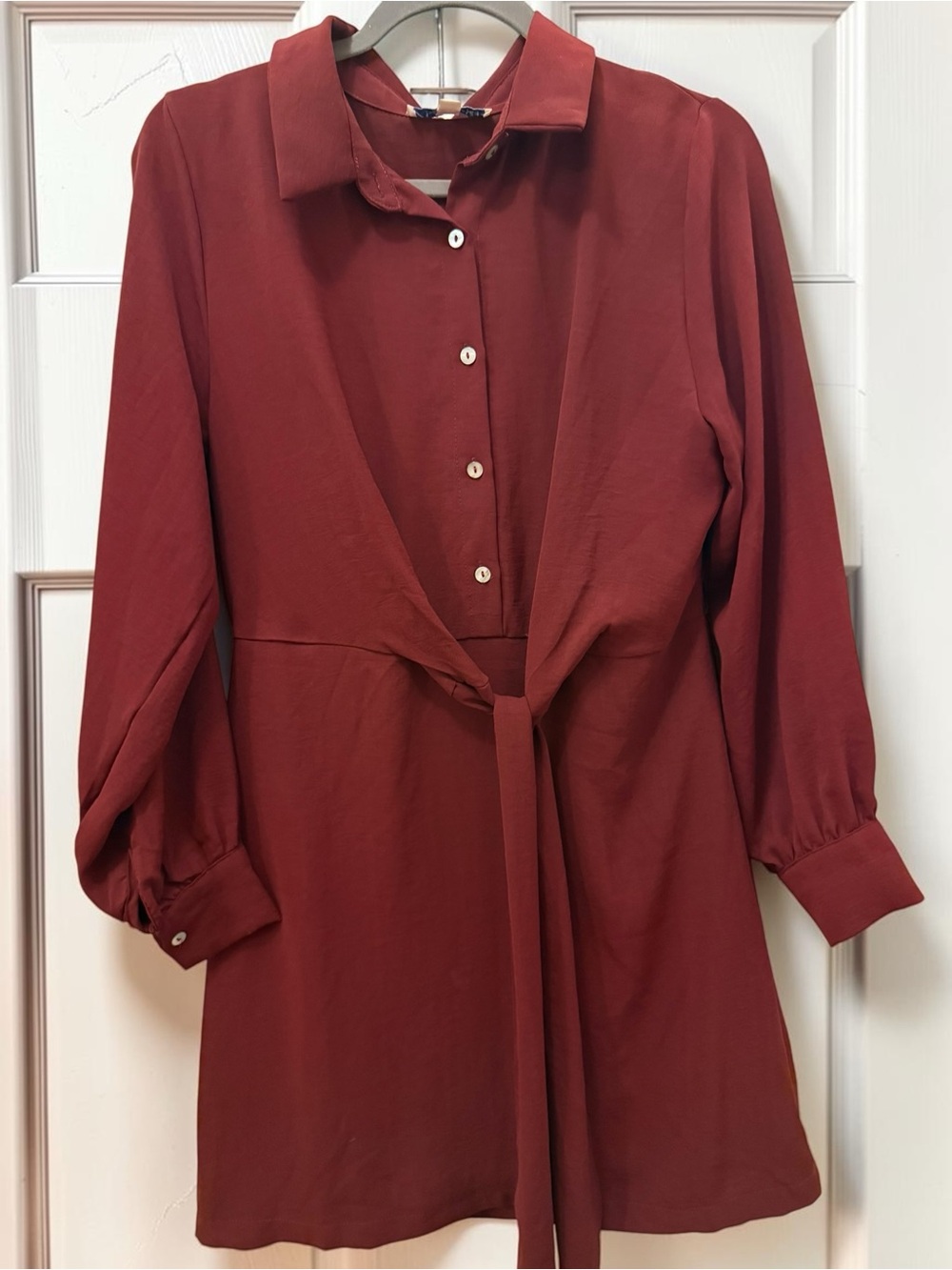 She + Sky Burgundy Tie-Front Mini Shirt Dress